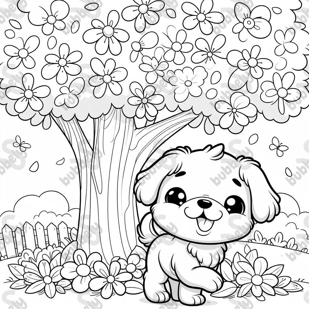 Chiot sous un arbre à fleurs