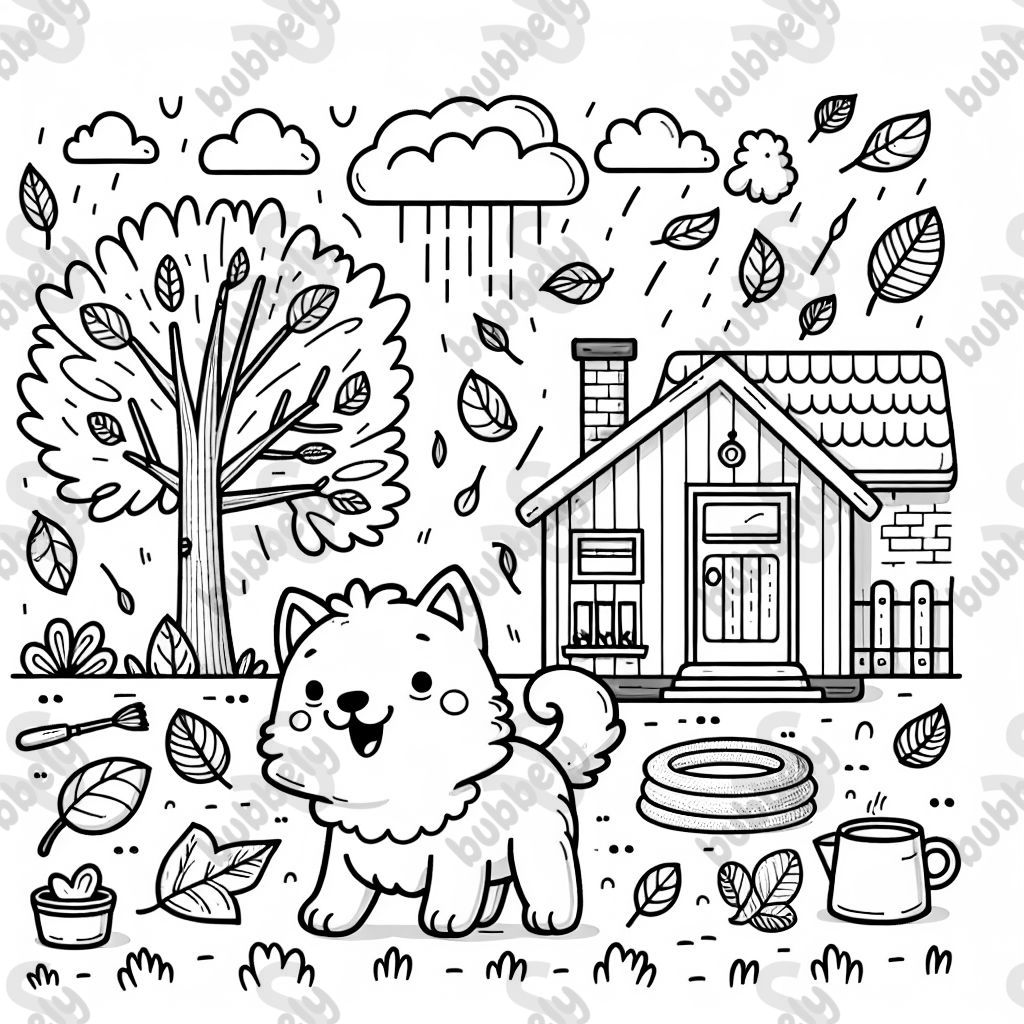 White dog girl house and leaves