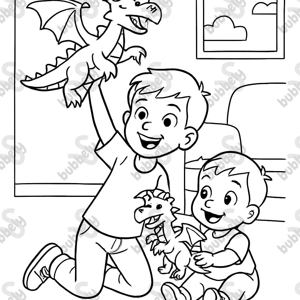 a 7-year-old boy, a 3-year-old boy playing with toy dragons