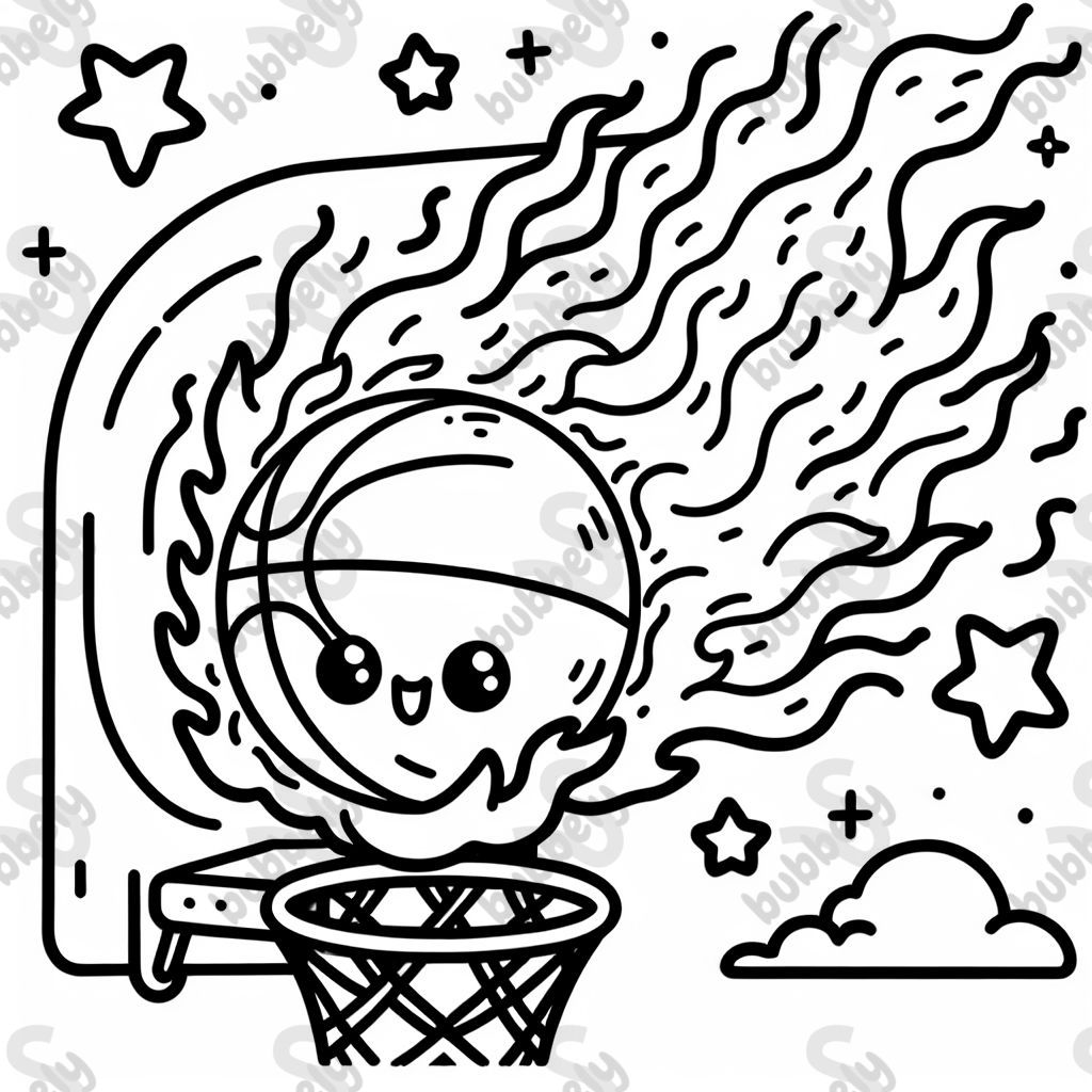 a flaming basketball going into a hoop