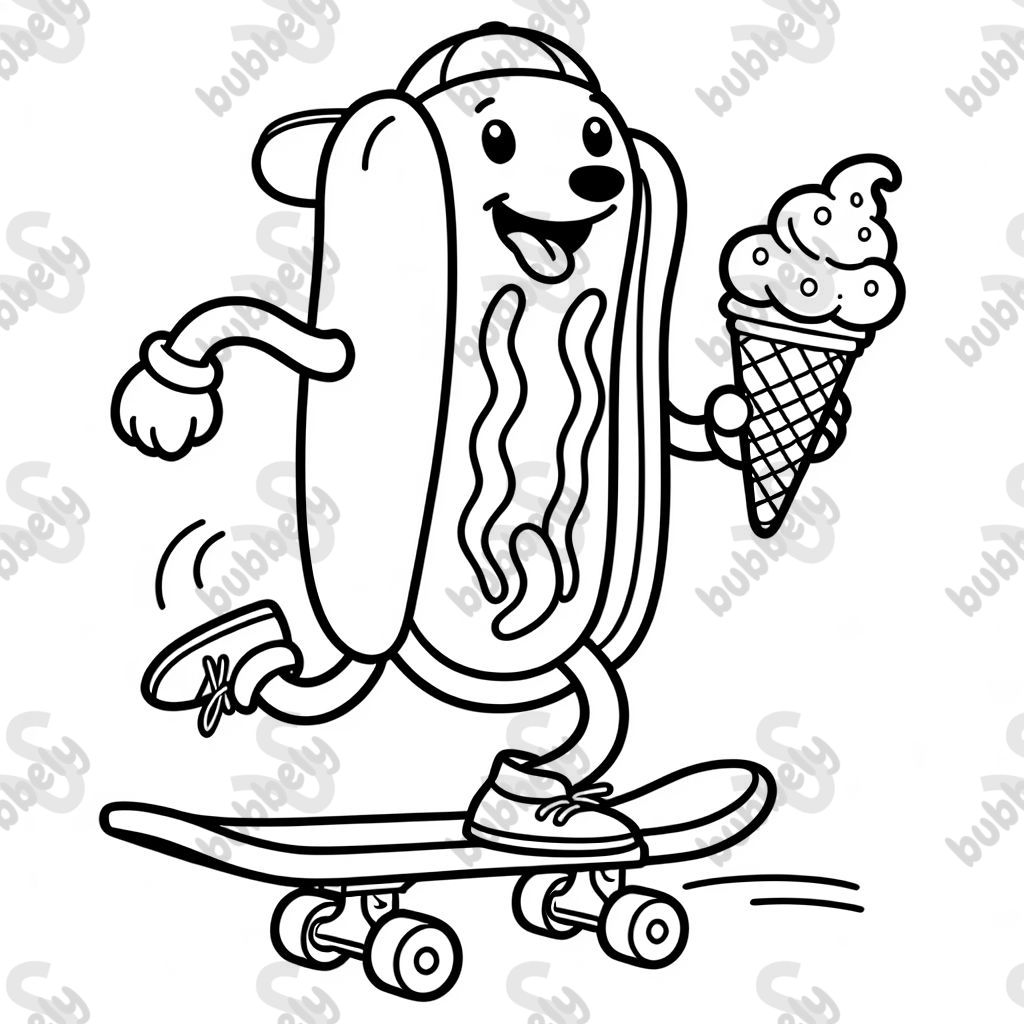 a hotdog riding a skateboard and eating ice cream. a hotdog riding a skateboard and eating ice cream.