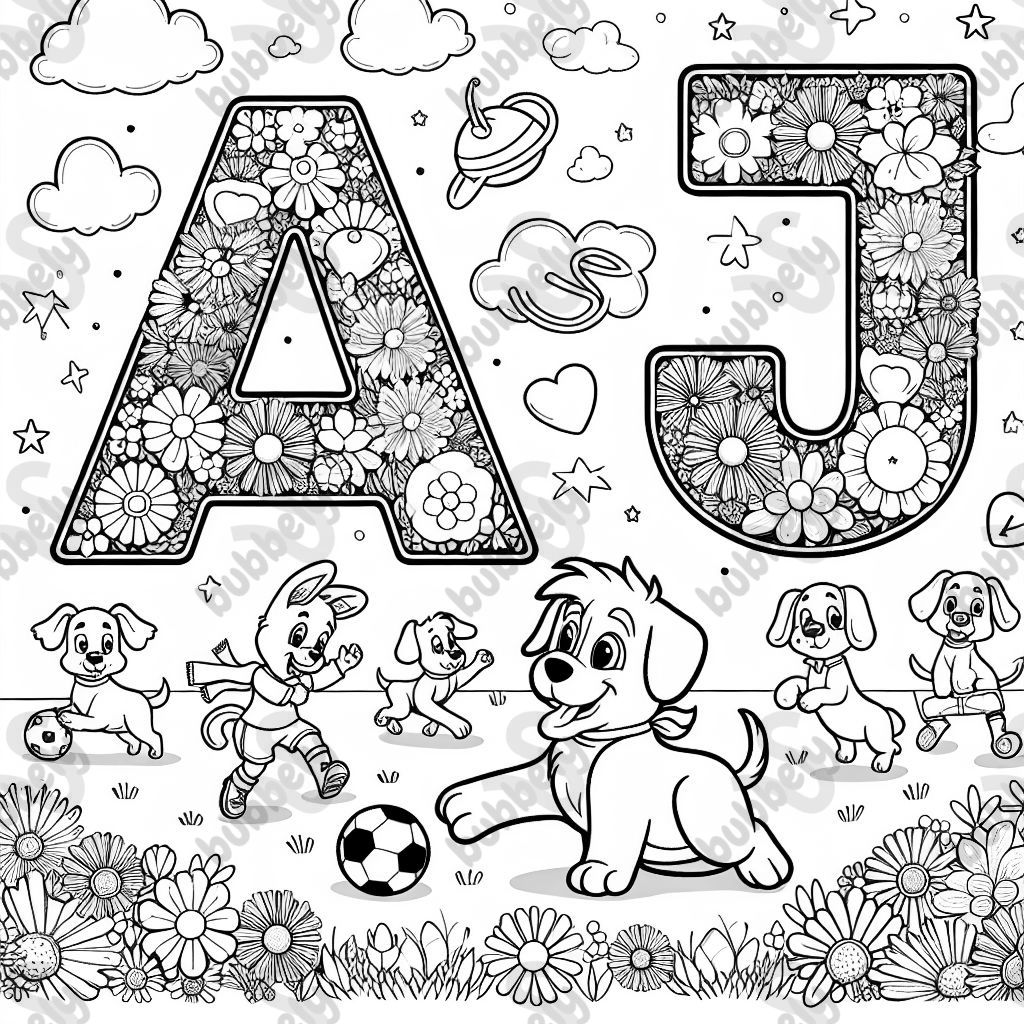 Le nom AJ avec des fleurs, des chiens et des ballons de football Le nom AJ avec des fleurs, des chiens et des ballons de football