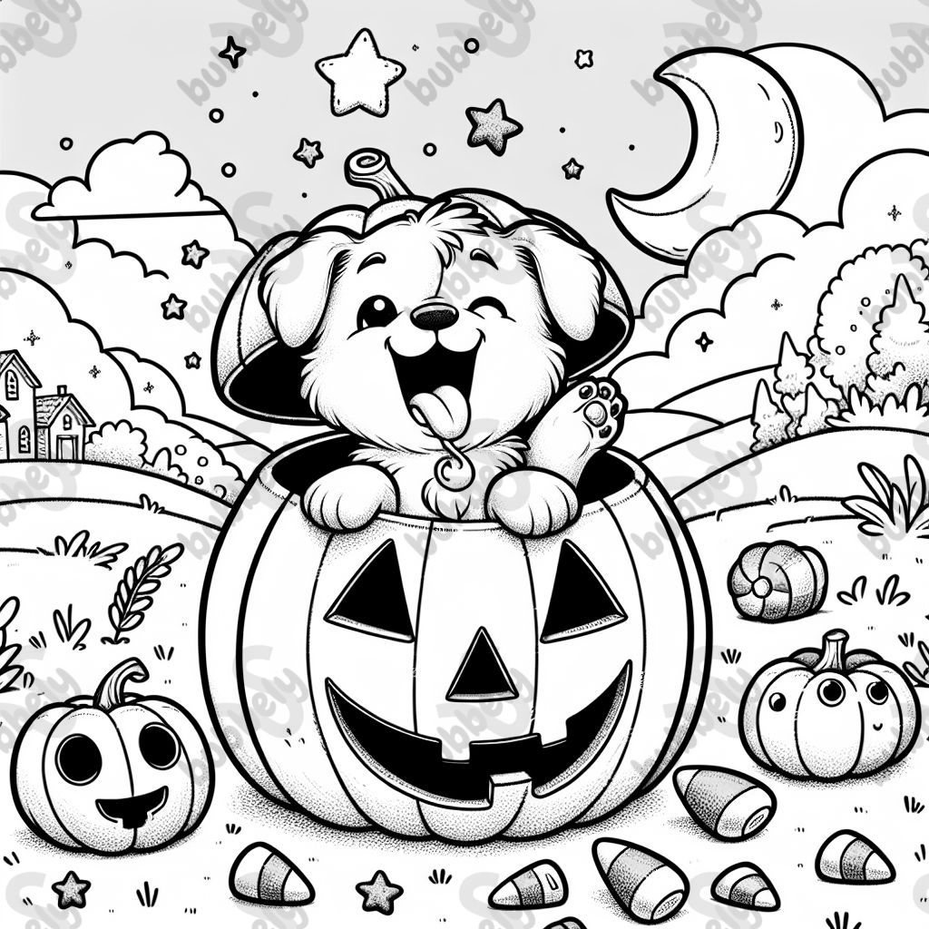 Halloween dog sticking out of a pumpkin