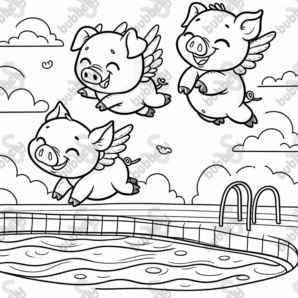 pigs flying over a pool