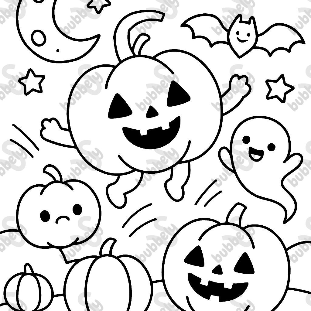 Kawaii Halloween with pumpkins and ghosts and bats all with cute faces. A moon and some stars. No people. Some pumpkins without faces too.