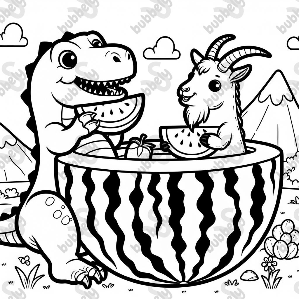 T-Rex and mountain goat having a watermelon party inside a watermelon