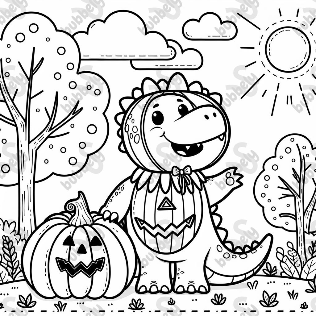 dinosaur in a pumpkin costume
