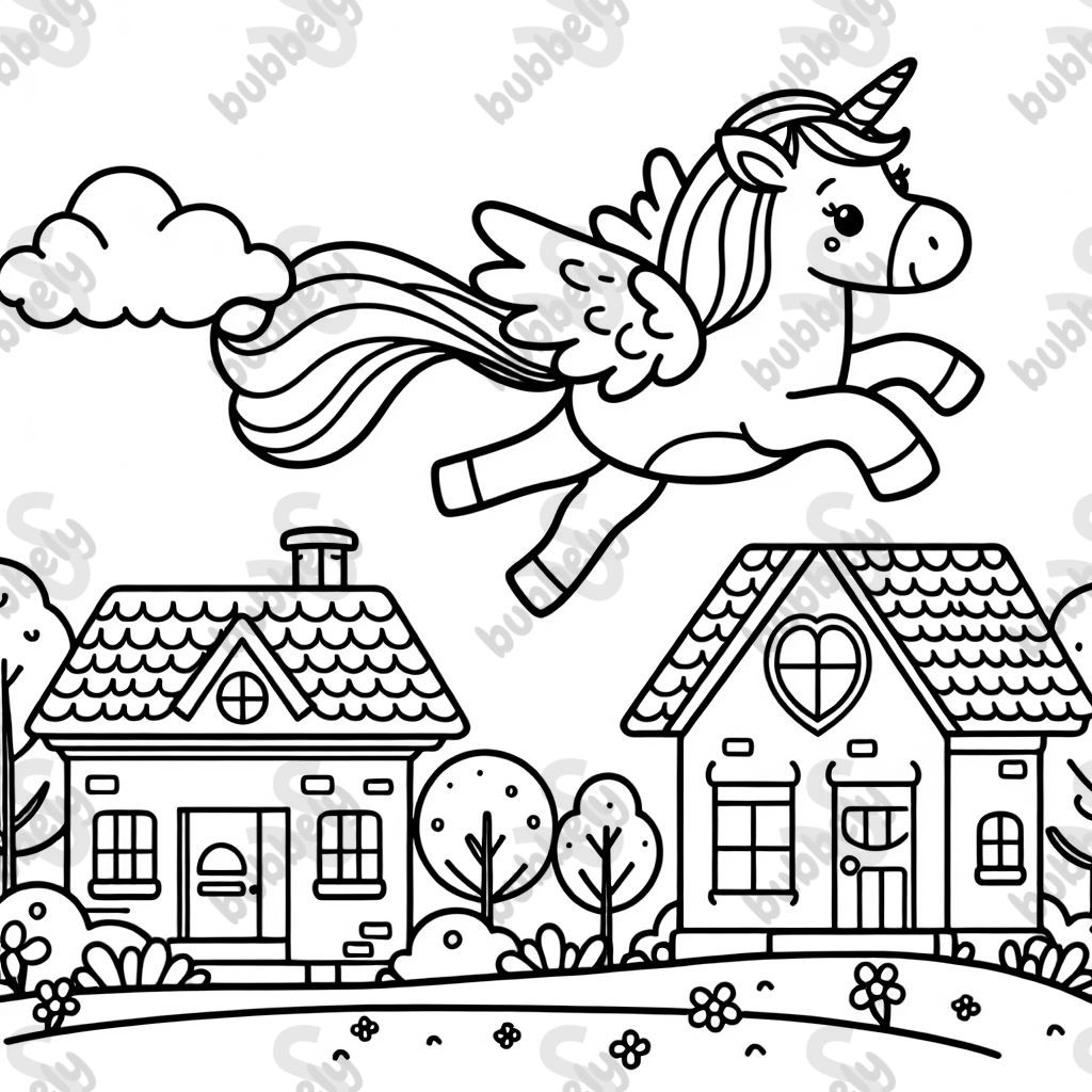 licorne volant au-dessus de quelques maisons.