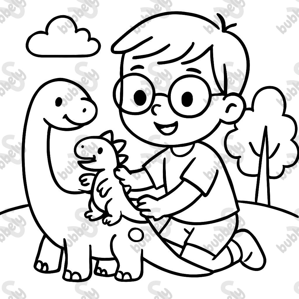 A young boy with glasses playing with dinosaurs.