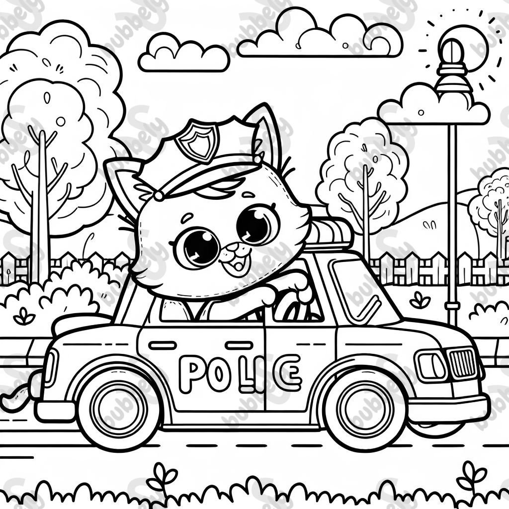 a cat driving a police car