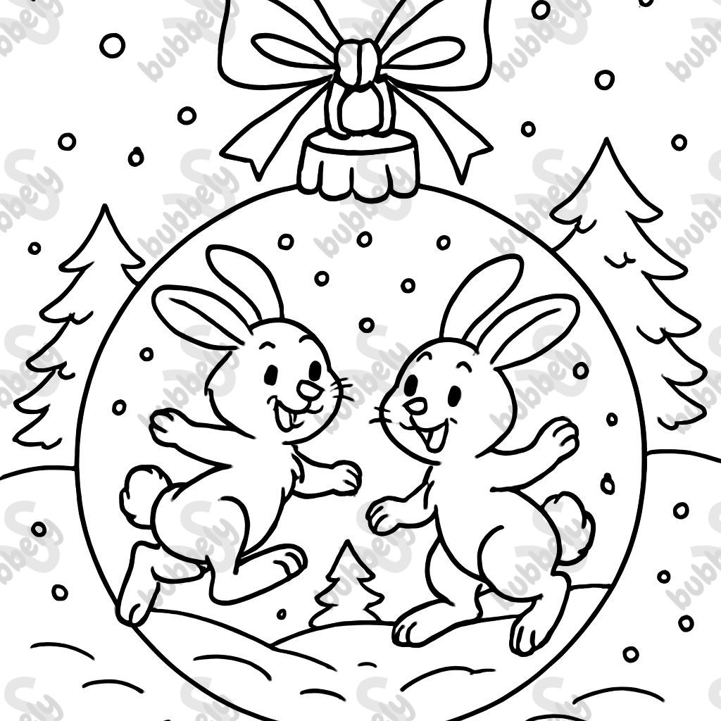 A Christmas ornament with a picture of 2 rabbits on it A Christmas ornament with a picture of 2 rabbits on it