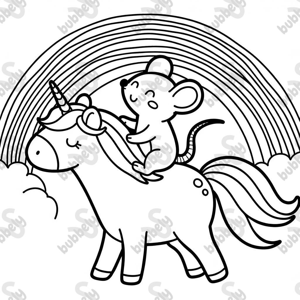 Eine Maus, die auf einem Einhorn reitet mit Regenbogen im Hintergrund