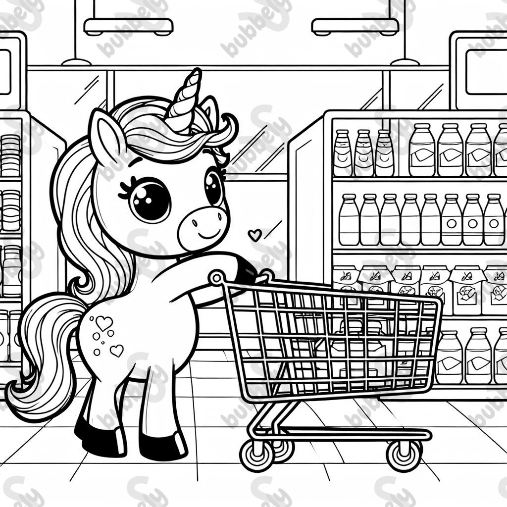 A unicorn shopping in the grocery store