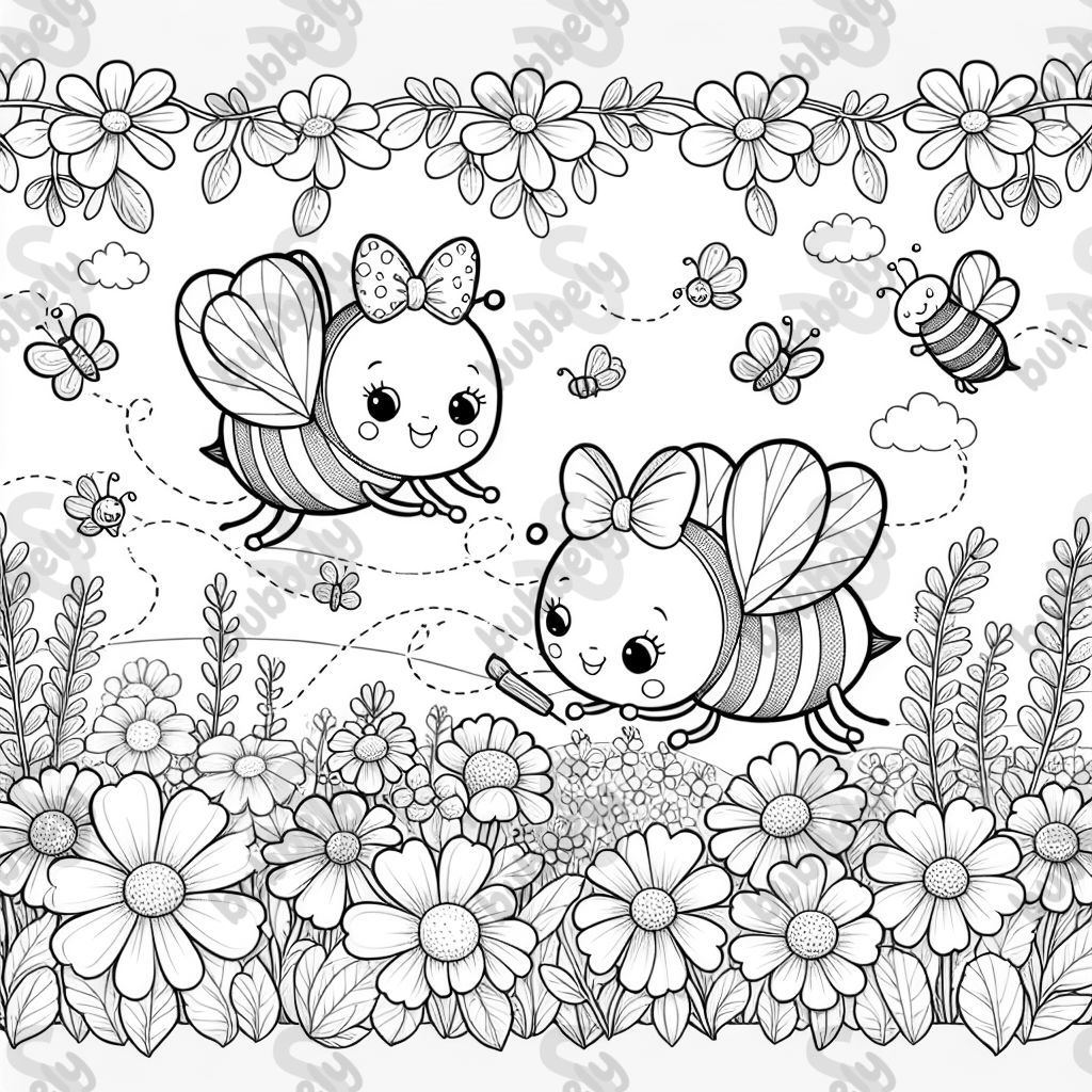 bees wearing bows flying over a field of wildflowers