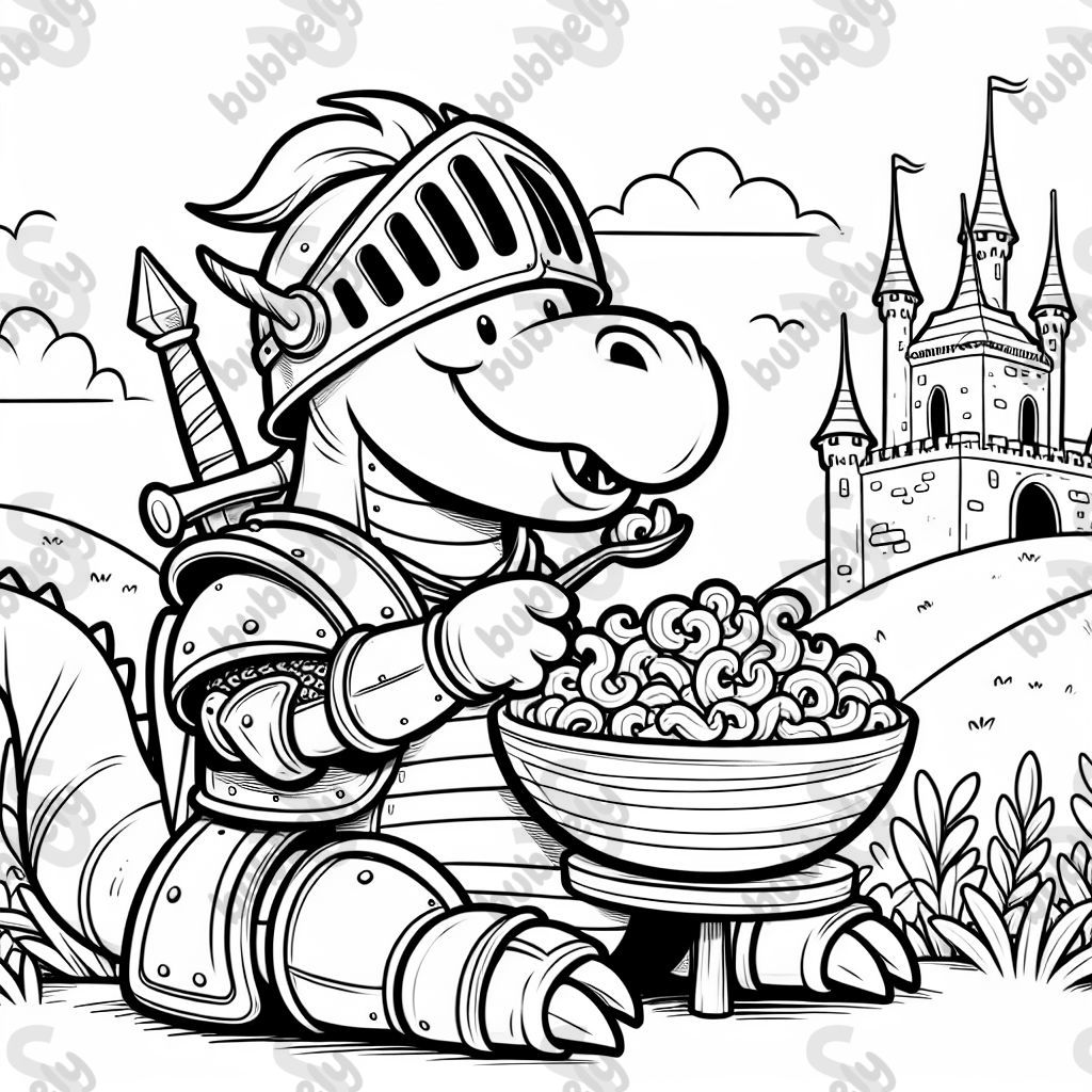 A DRAGON IN KNIGHTS ARMOR EATING MACARONI