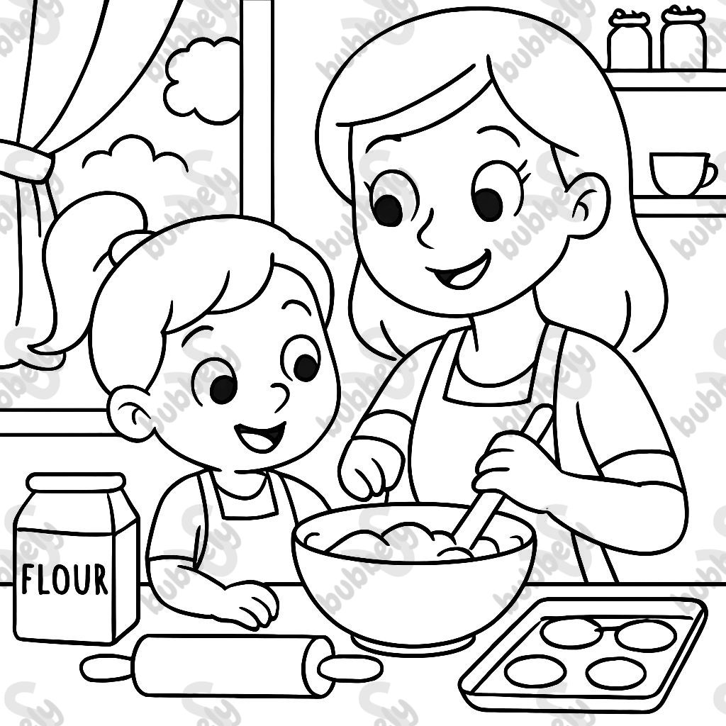 Mom and daughter inside house baking.