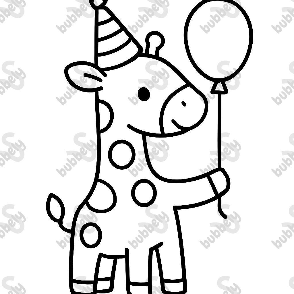 a giraffe with a birthday hat and a balloon