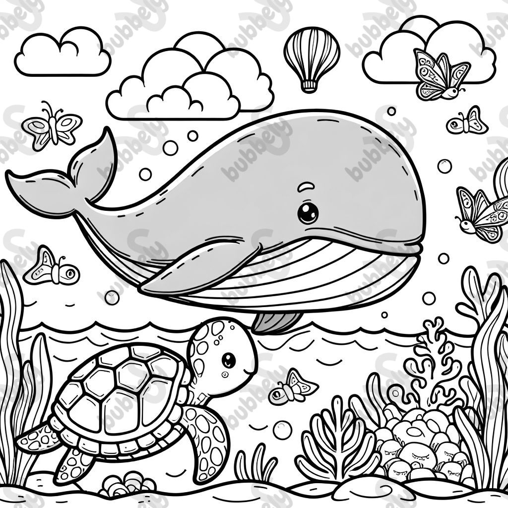 Ein Blauwal und eine Meeresschildkröte
