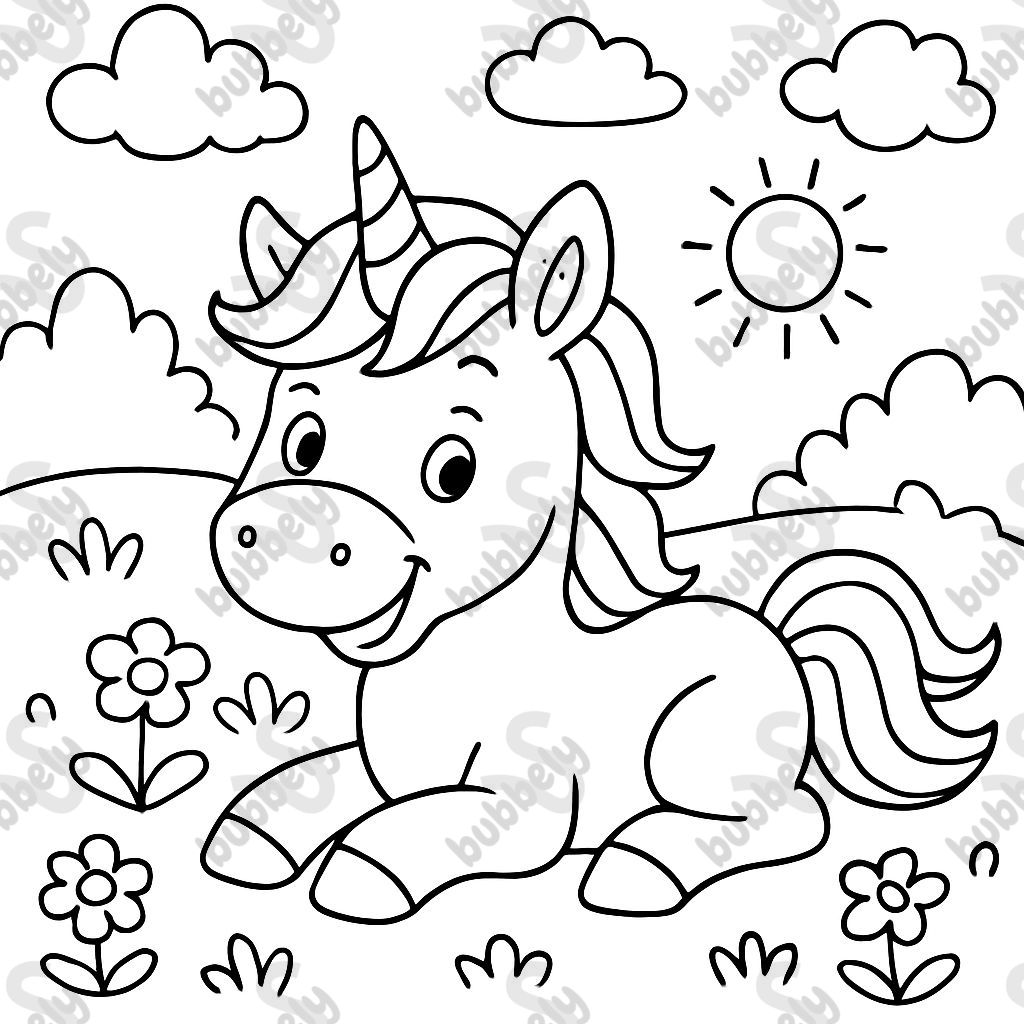 Une licorne allongée dans la prairie