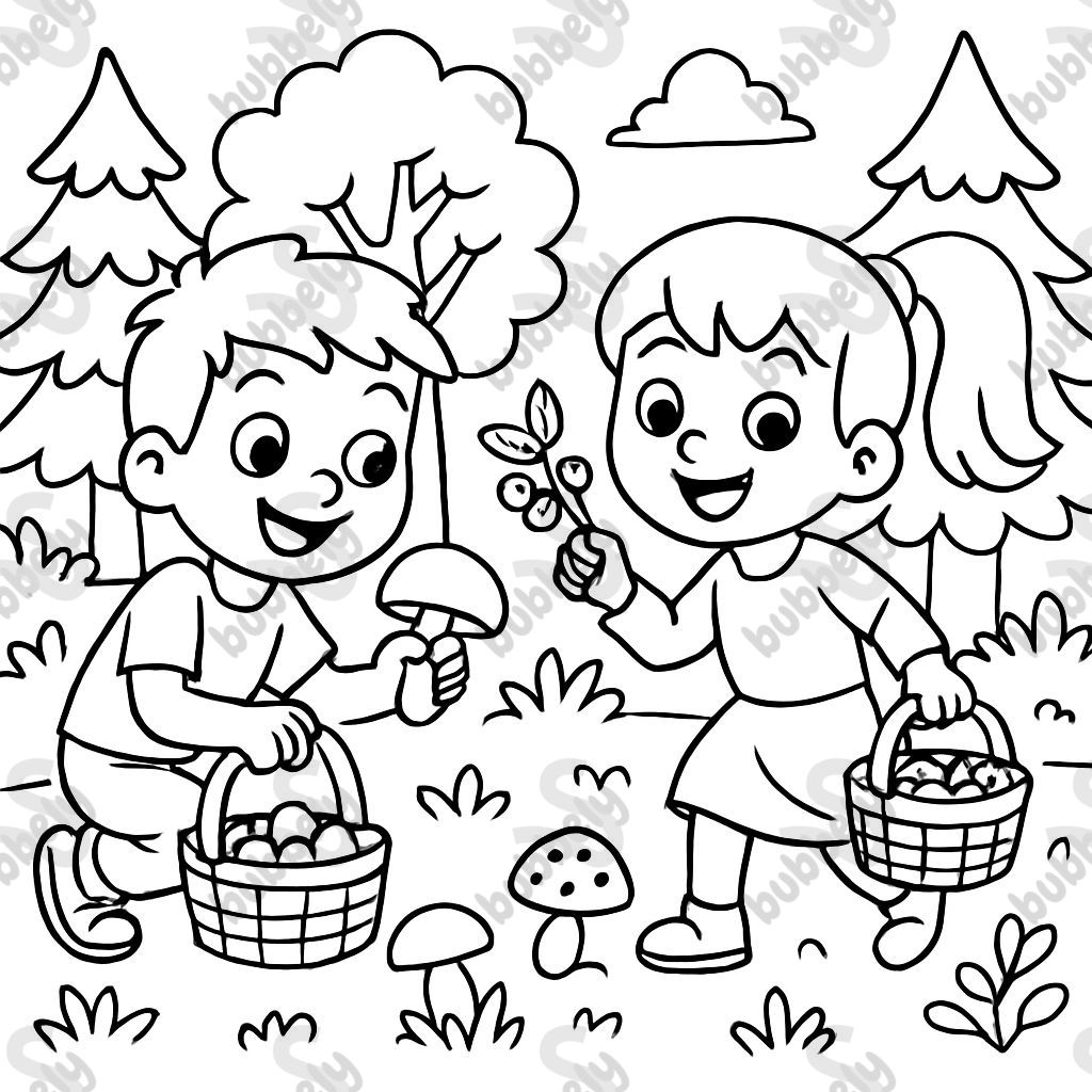 a boy and a girl picking mushrooms and berries in the forest