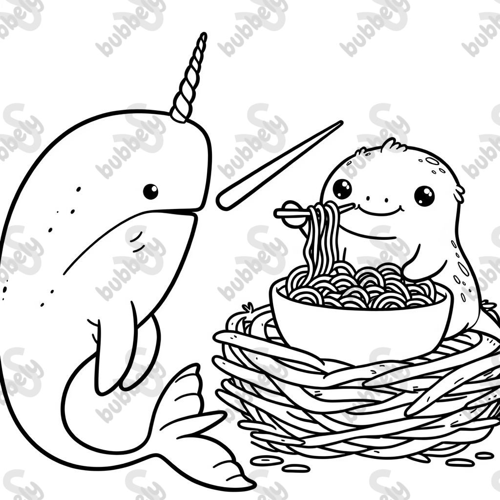 newt eating noodles in a nest with a narwhal