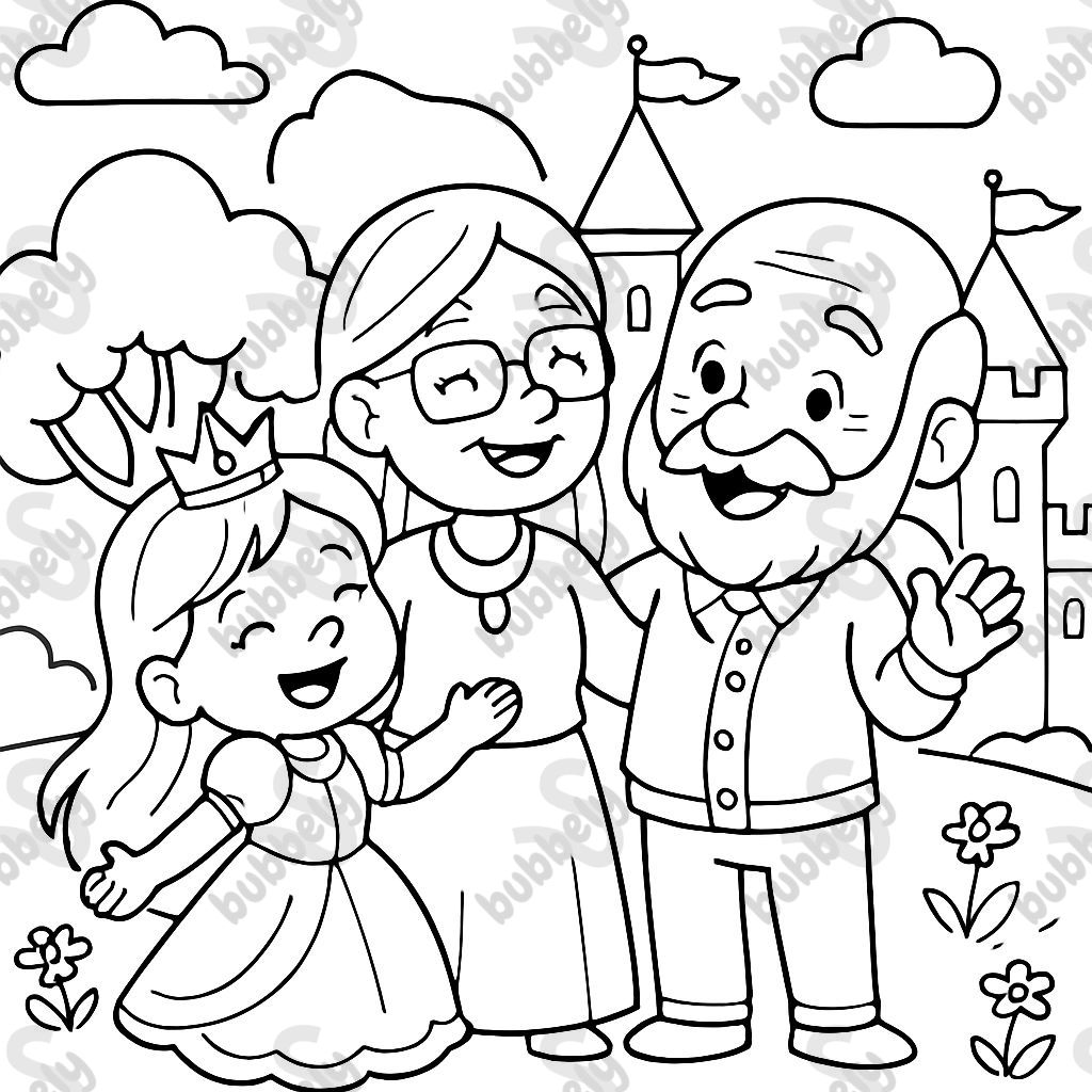 PRINCESS AND HER GRANDMA WITH LONG HAIR AND HER GRANDFATHER WHO IS BALD WITH A BEARD