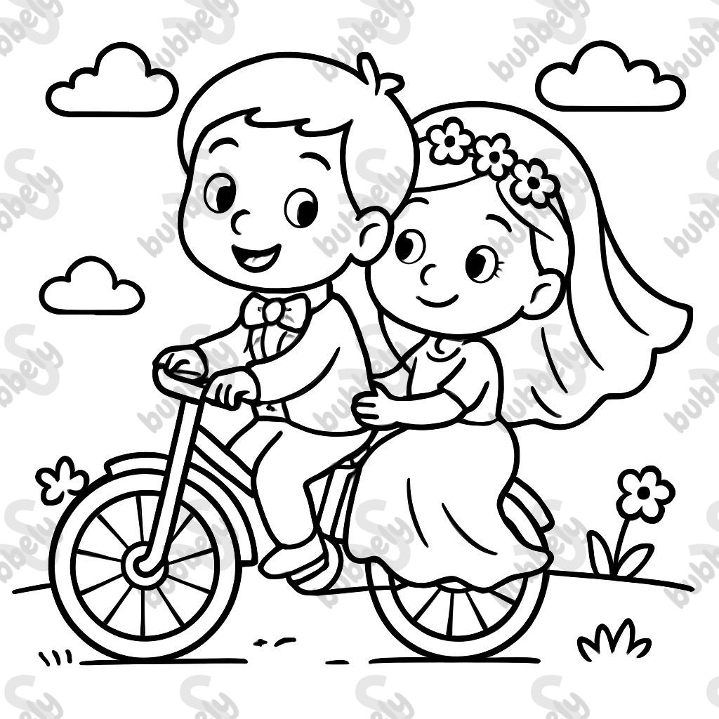 bride and groom with bicycle