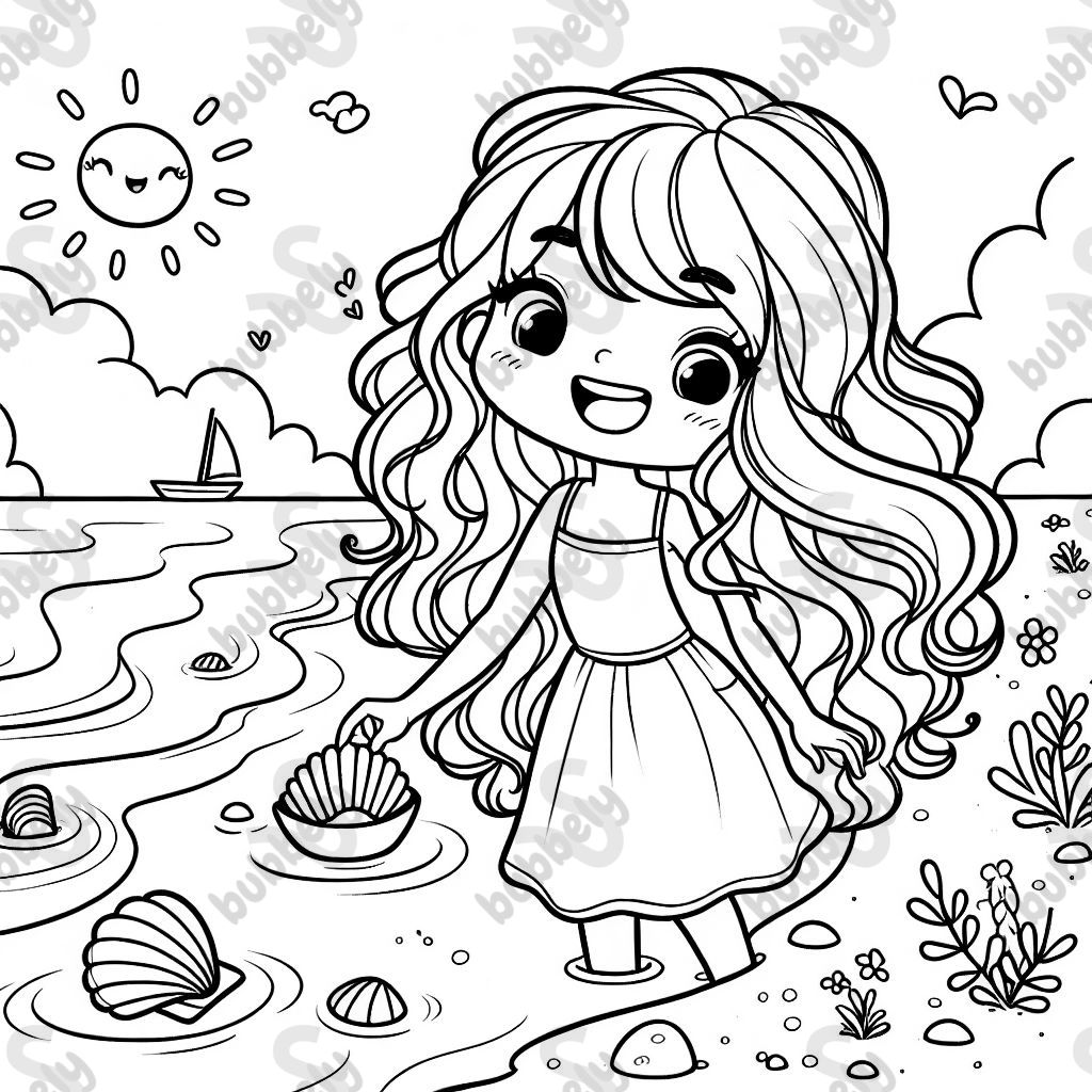 girl with long wavy hair at the ocean picking up a seashell