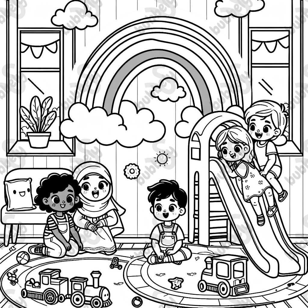 Children playing inside with toy trains, rainbows, slide, fun