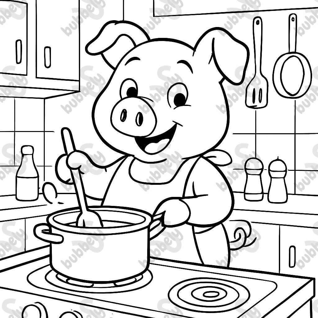 A pig cooking with an apron on.