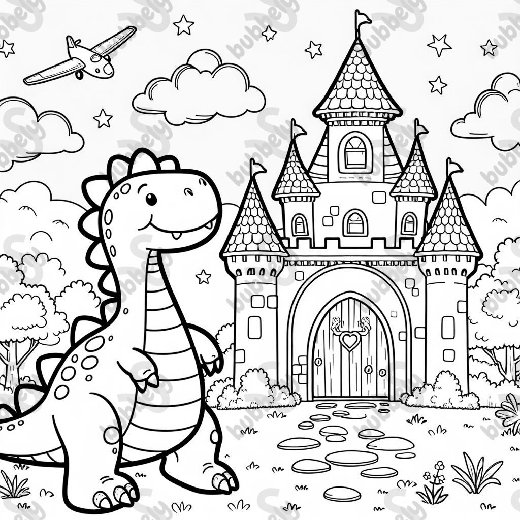 a dinosaur in front of a castle