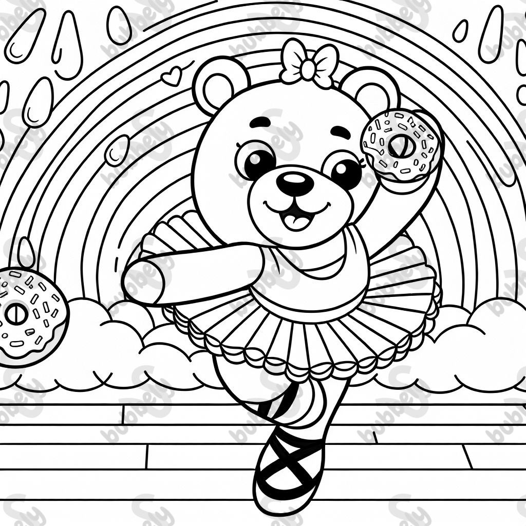 A bear ballerina holding a donut with a rainbow in background