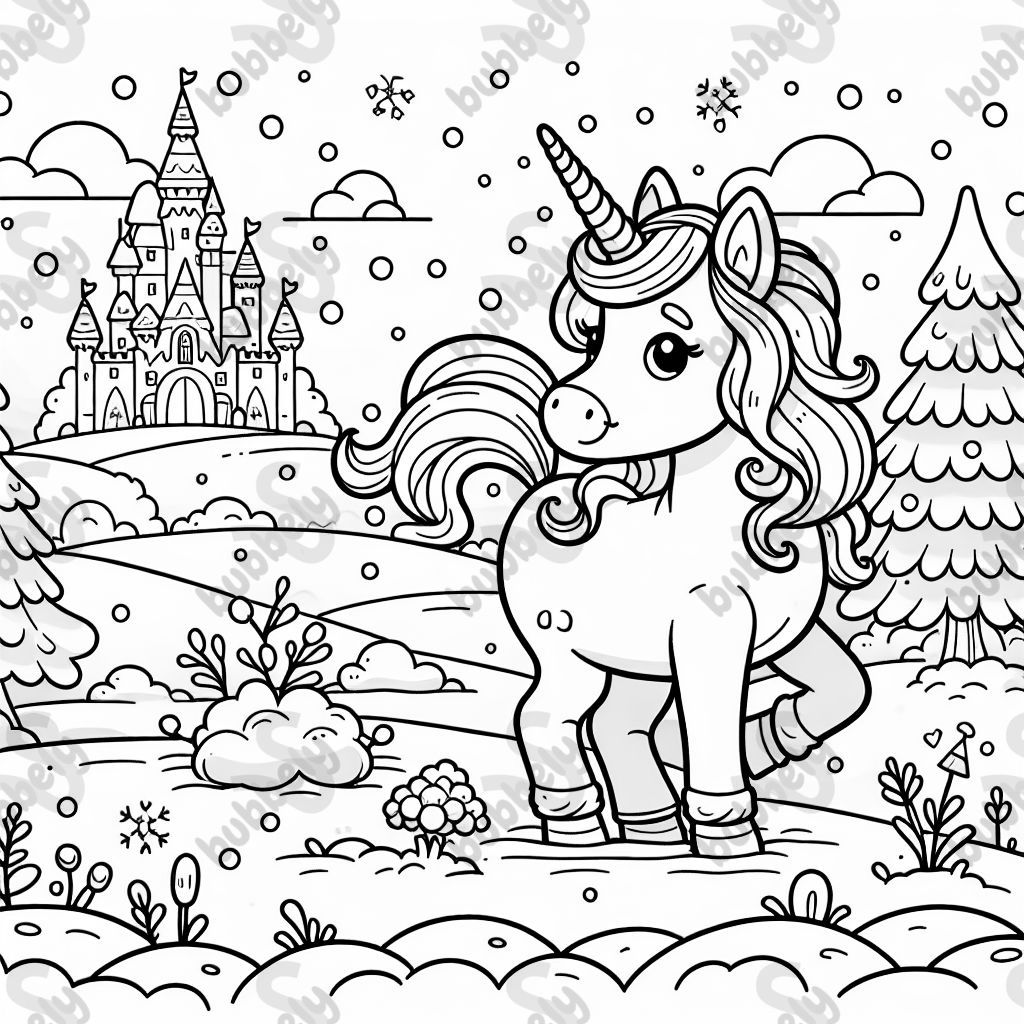 ein Einhorn. Das Einhorn steht auf verschneiten Feldern. Im Hintergruns ist ein Märchenschloss zu sehen. ein Einhorn. Das Einhorn steht auf verschneiten Feldern. Im Hintergruns ist ein Märchenschloss zu sehen.