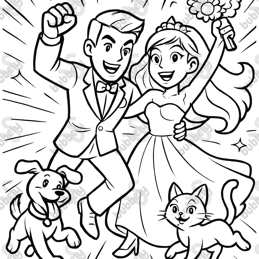 A bride and groom with a dog and cat