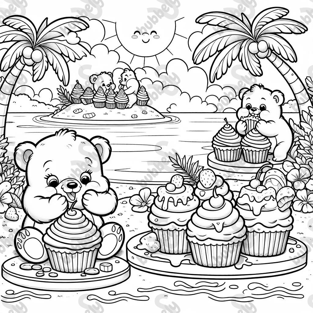 cute bears on an island eating cupcakes to the max