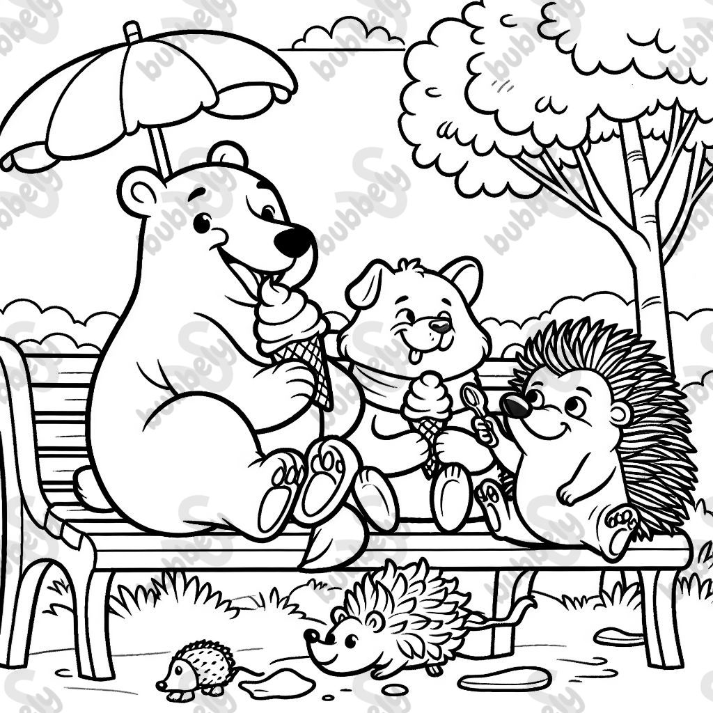 A polar bear, a dog, and a hedgehog are eating ice cream A polar bear, a dog, and a hedgehog are eating ice cream