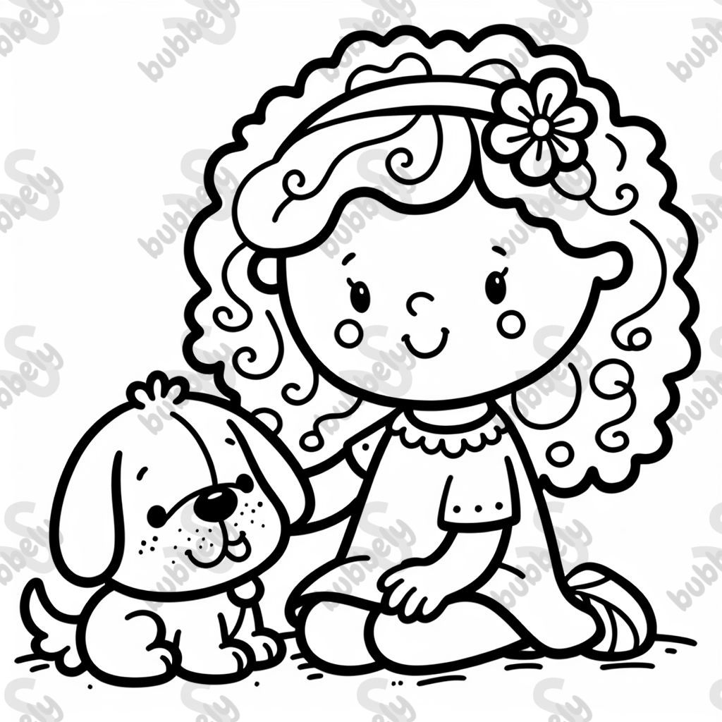 A girl with curly hair and her dog A girl with curly hair and her dog
