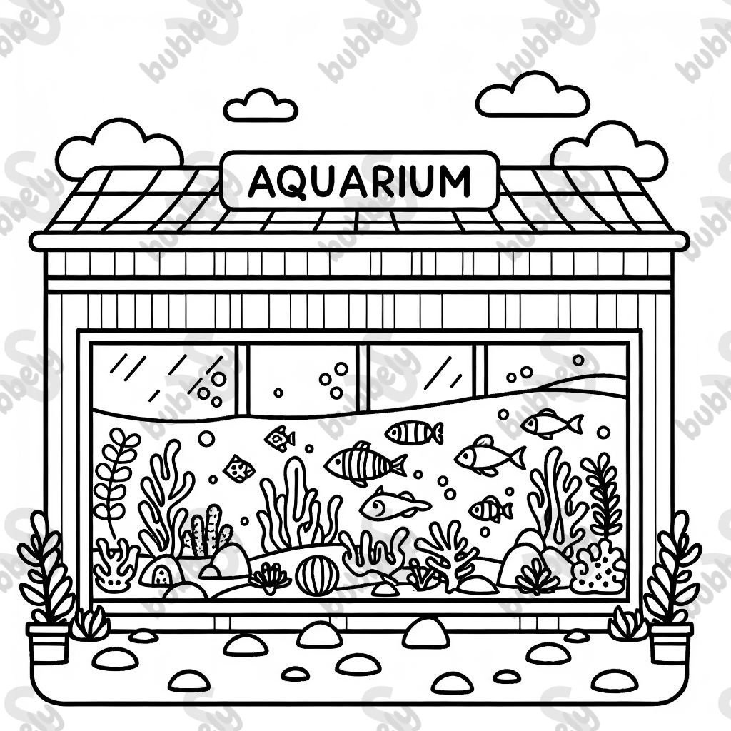 simple bold black line coloring page of Aquarium - A building with a big fish tank visible through the window and sea creatures. with elements for a kid to color