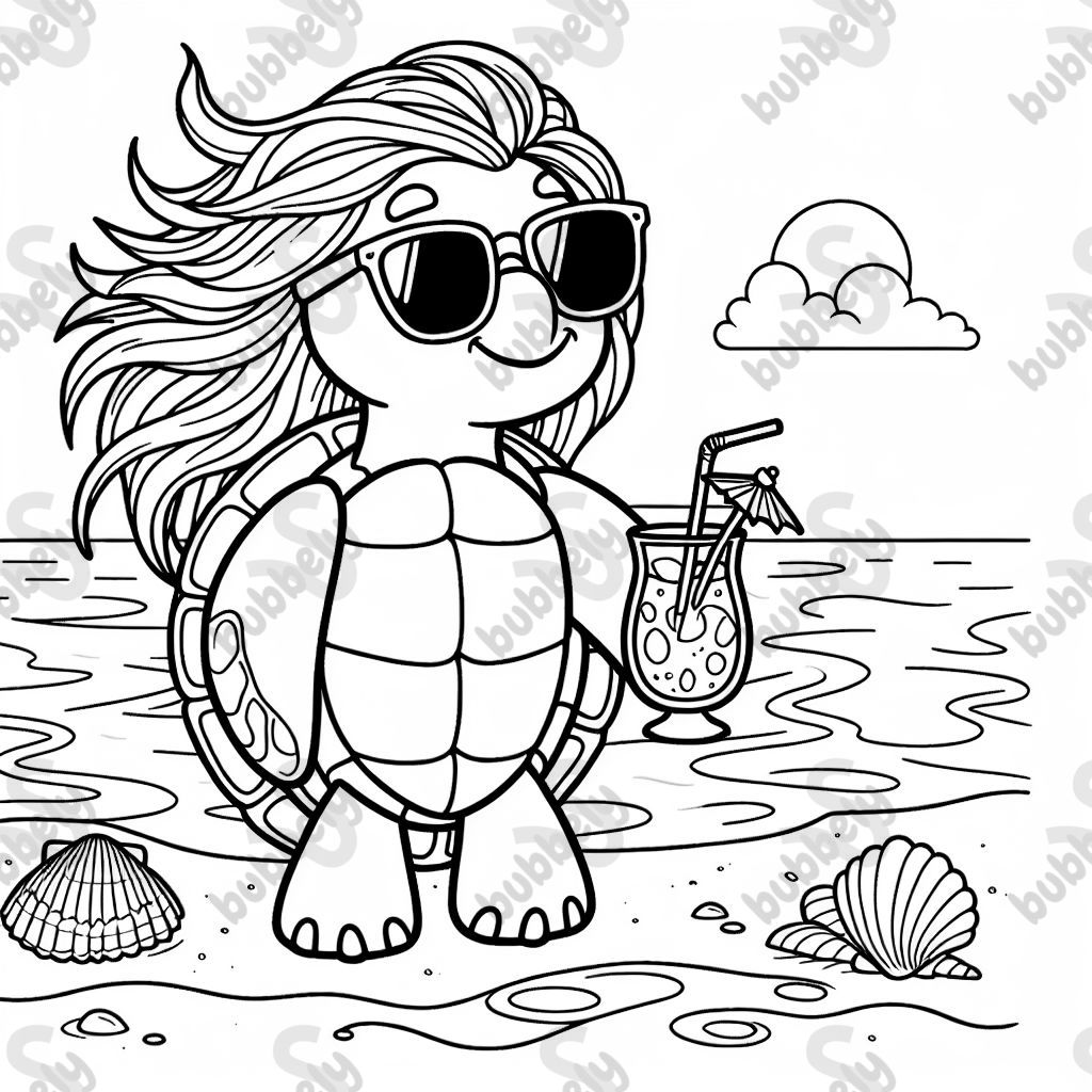 turtle with hair and a cocktail in hand, at the beach, wearing sunglasses