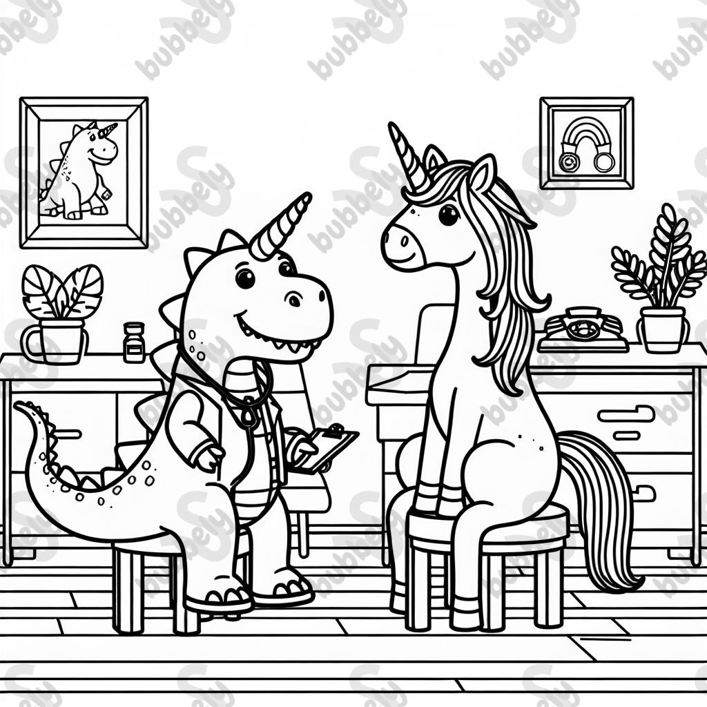 A dinosaur and a unicorn are patients in a doctor’s office