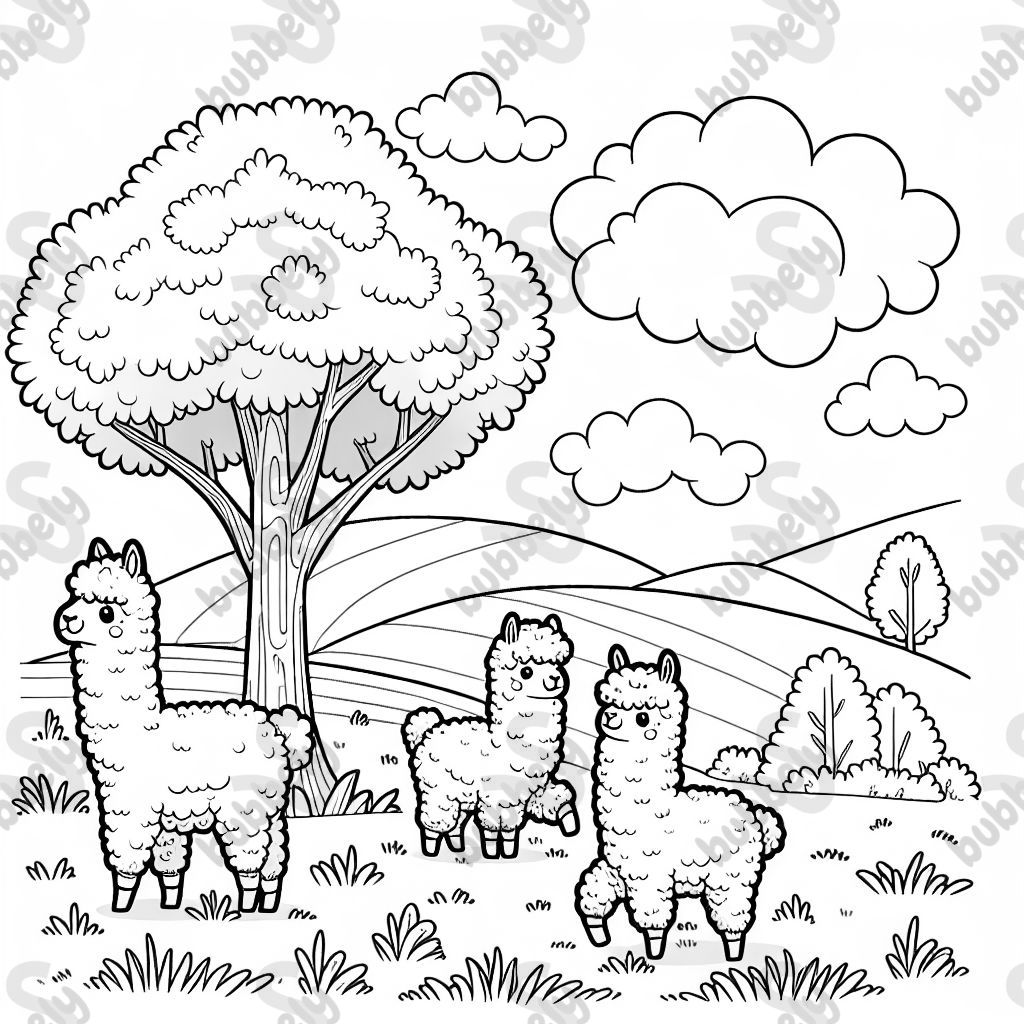 three alpacas in a meadow with a tree