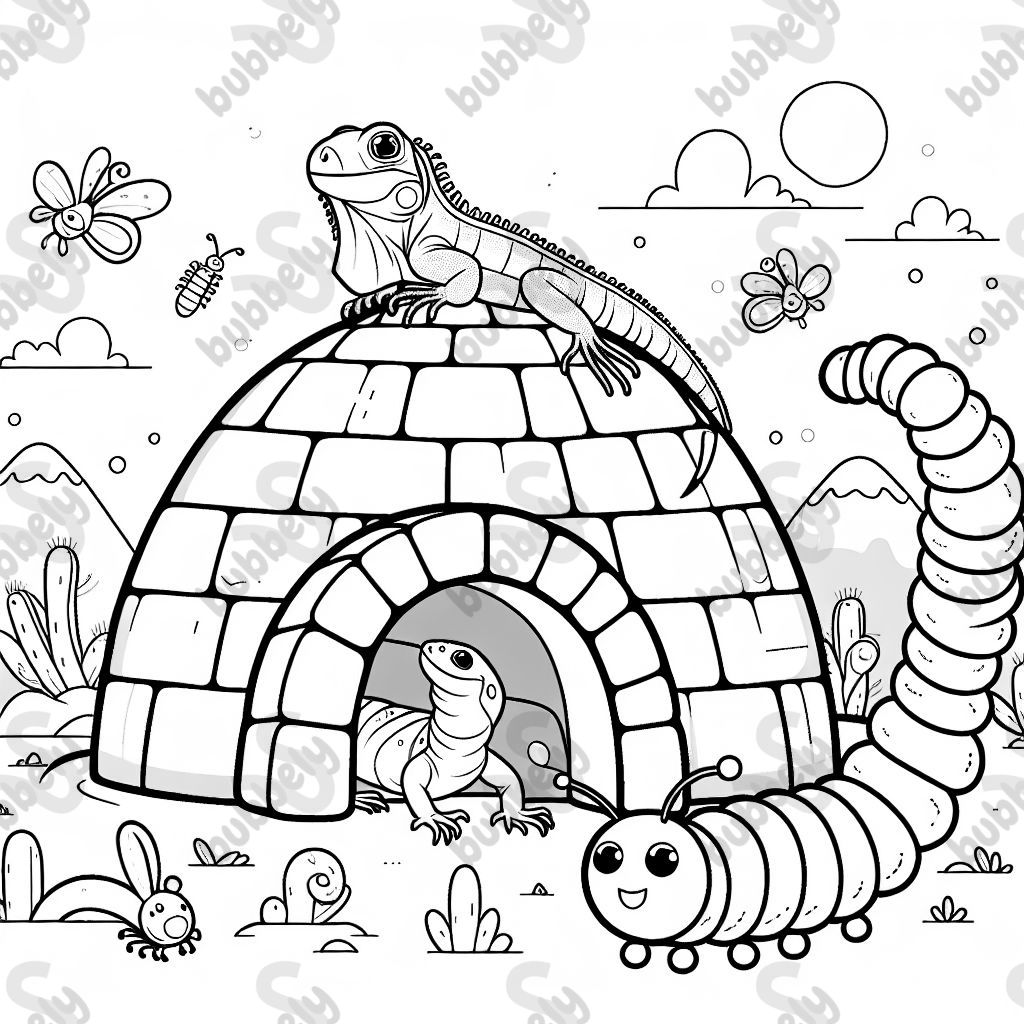 iguana in an igloo by an inchworm with insects