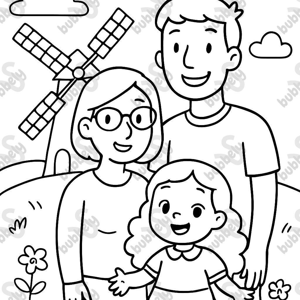 Une famille se tenant devant un moulin à vent néerlandais avec une maman portant des lunettes, un papa grand et une petite fille de 3 ans avec de longs cheveux bouclés. Une famille se tenant devant un moulin à vent néerlandais avec une maman portant des lunettes, un papa grand et une petite fille de 3 ans avec de longs cheveux bouclés.