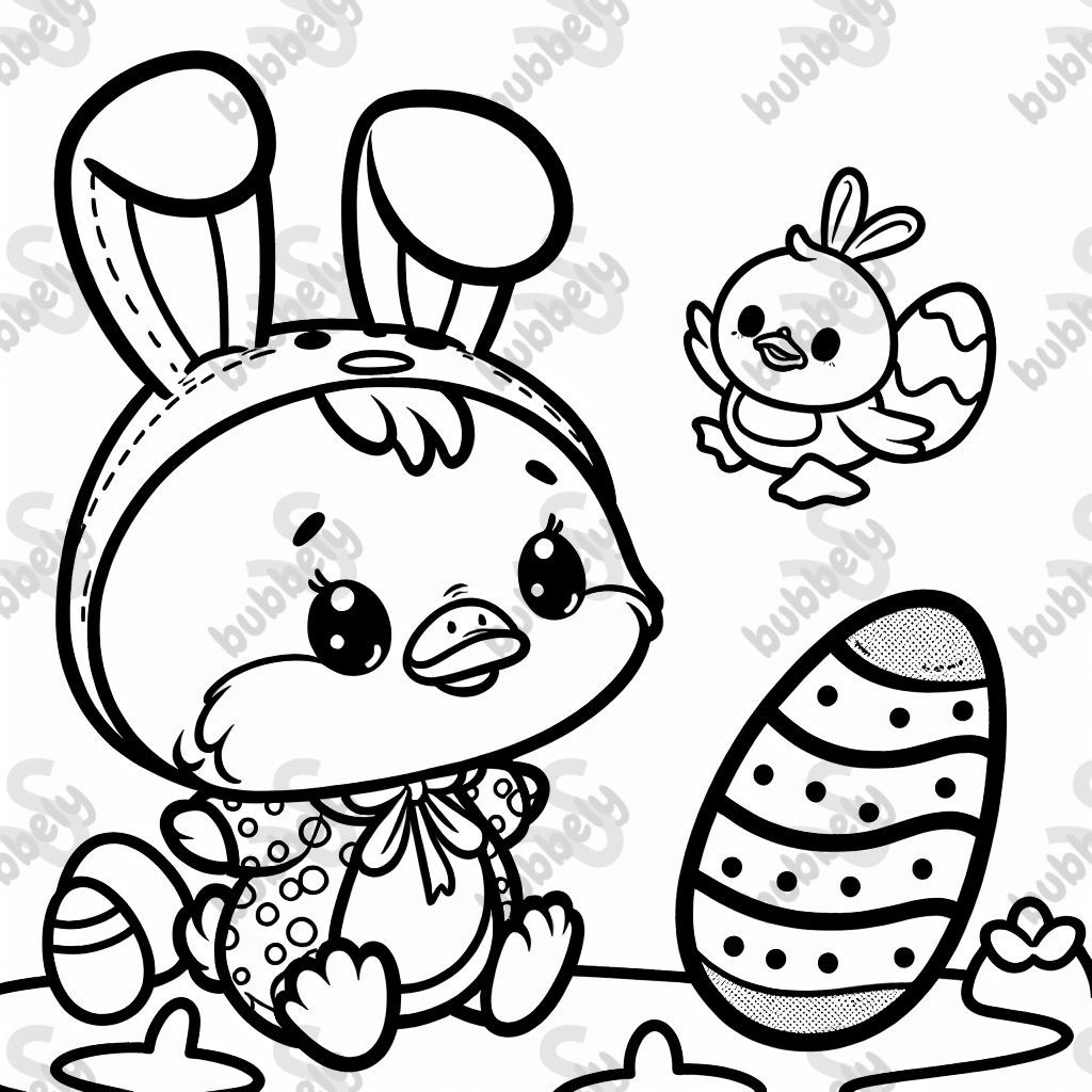 A cute bunny in a duck costume with big Easter eggs in the background A cute bunny in a duck costume with big Easter eggs in the background