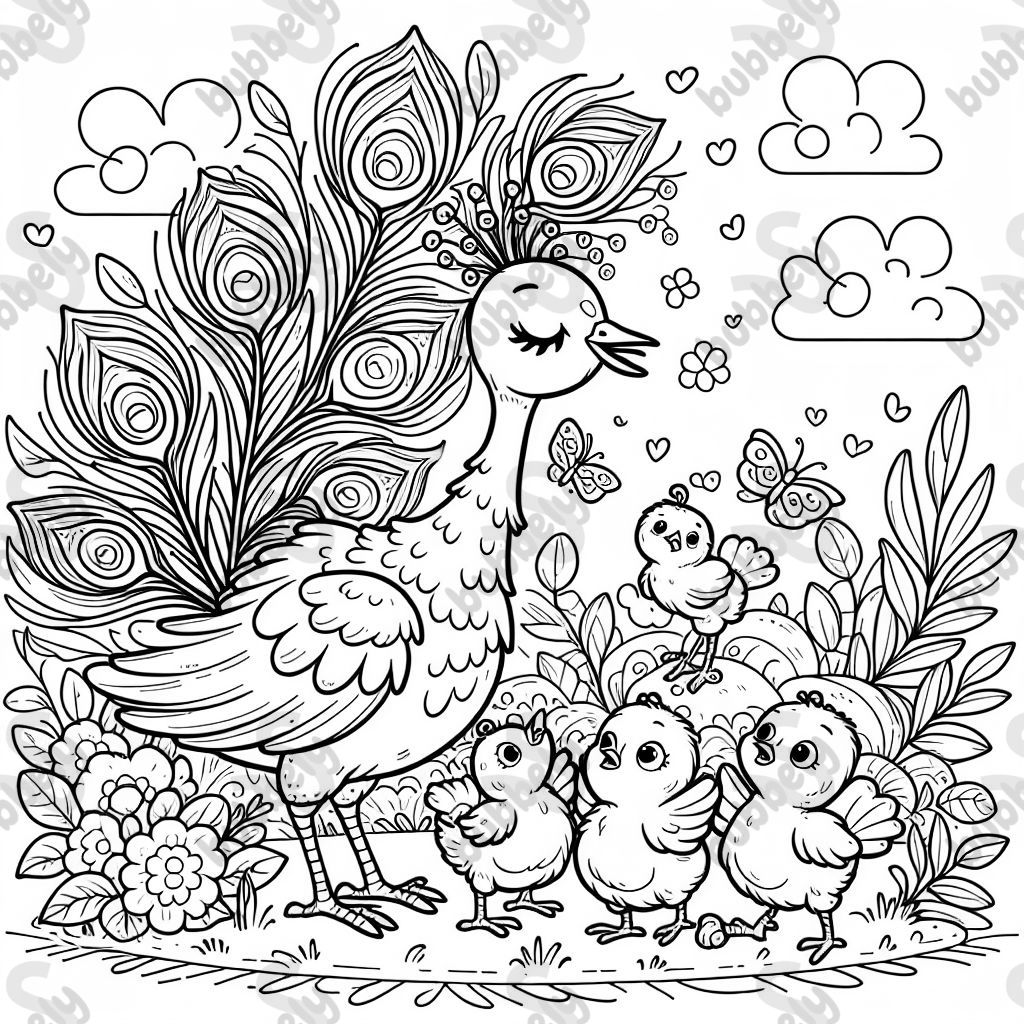 A peacock mommy with some peachicks.