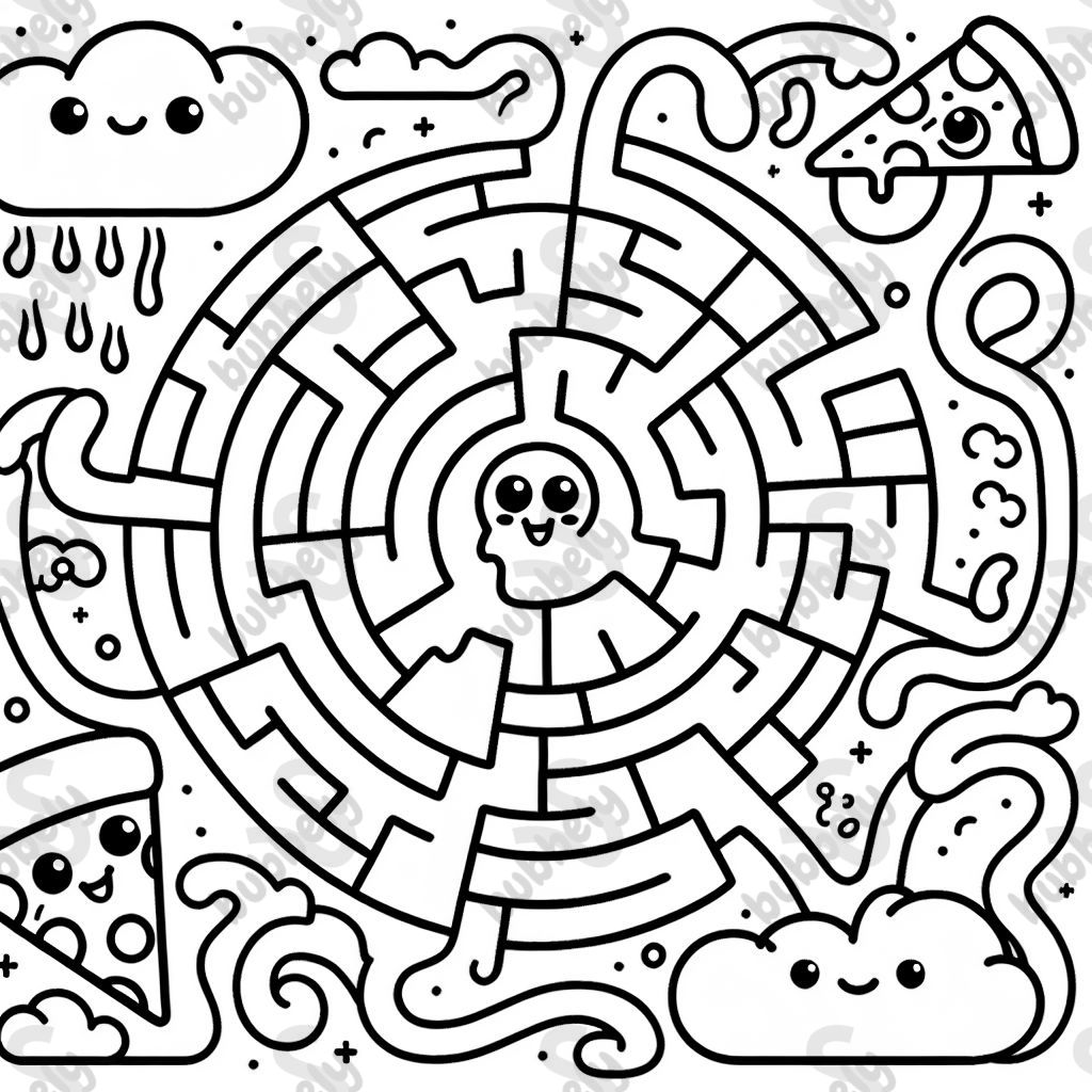 A maze starts with one slice of pizza and ends with a whole pizza with one slice missing.