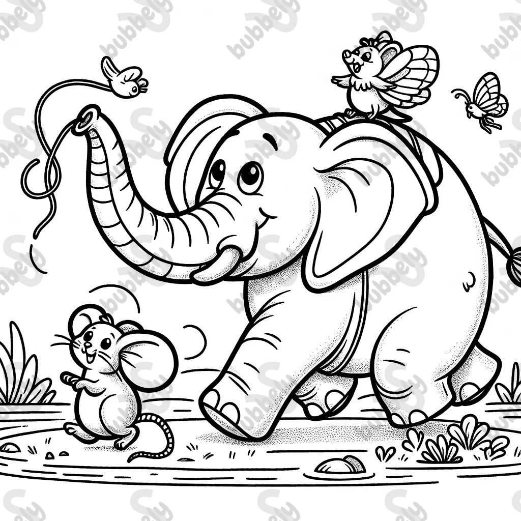 An elephant riding a mouse is a fun and unusual scene to color. Children can unleash their creativity.