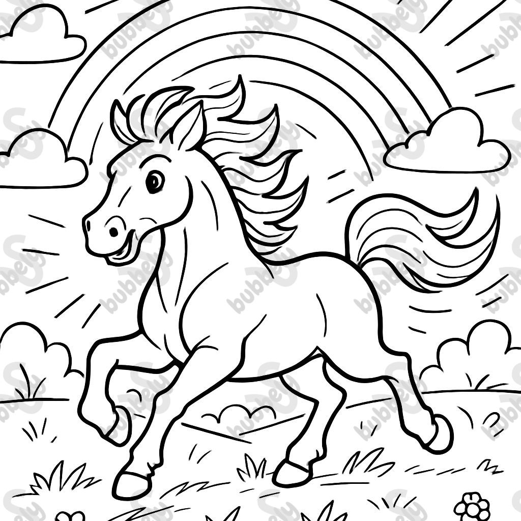 Cheval sur prairie avec arc-en-ciel