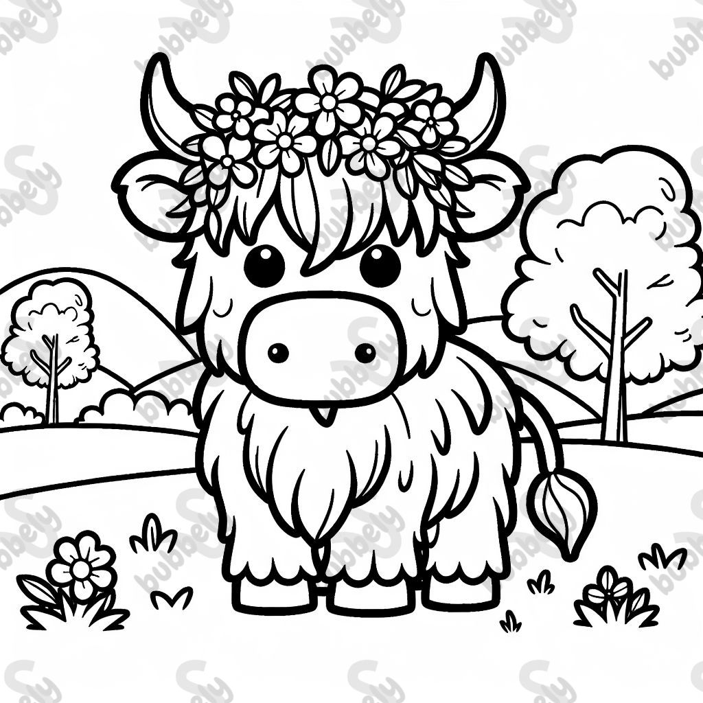 Highland cow wearing a flower crown