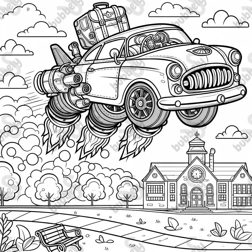 une voiture volante avec propulsion à réaction, des pneus en feu, un capot bosselé et des bagages sur le toit au-dessus d'une école